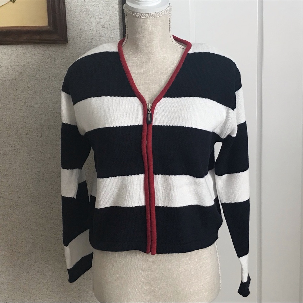 Liz Claiborne Lizsport Black and White Striped Zipper Cardigan Red Trim Sz PP